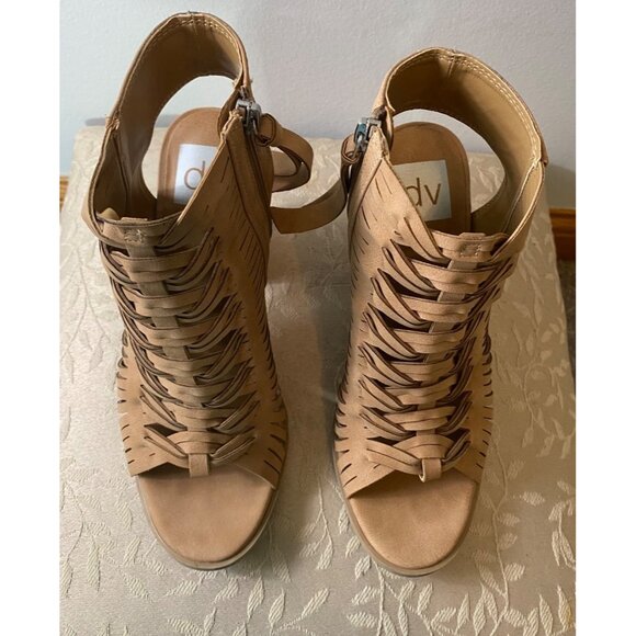 Dolce Vita Peep-Toe Cutout Tan Sandals Stacked Heel Side Zipper Shoes Size 6.5 - Picture 4 of 11